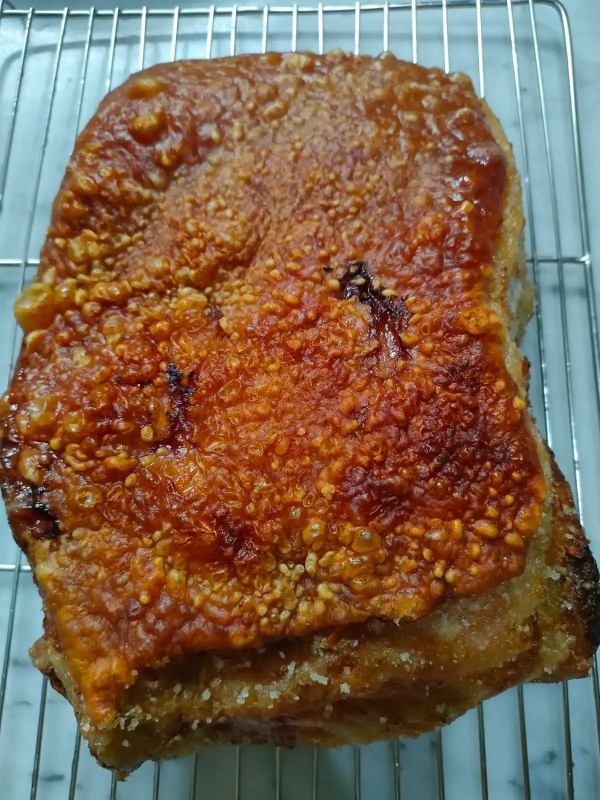 Kulit babi renyah dengan tekstur crackle sempurna